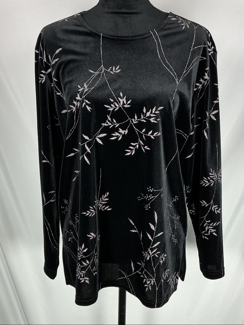 Notations Black Velour Silver Floral Embellished Long Sleeve Top L Y2K Vintage